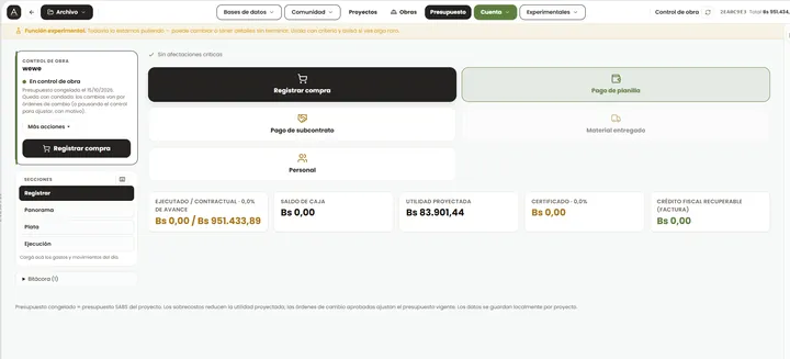Panel de control de obra con avance, saldo de caja y utilidad proyectada