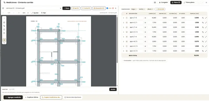 Mediciones de cimiento corrido tomadas sobre un plano en PDF