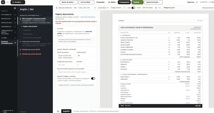 Vista previa de un reporte de análisis de precio unitario listo para imprimir